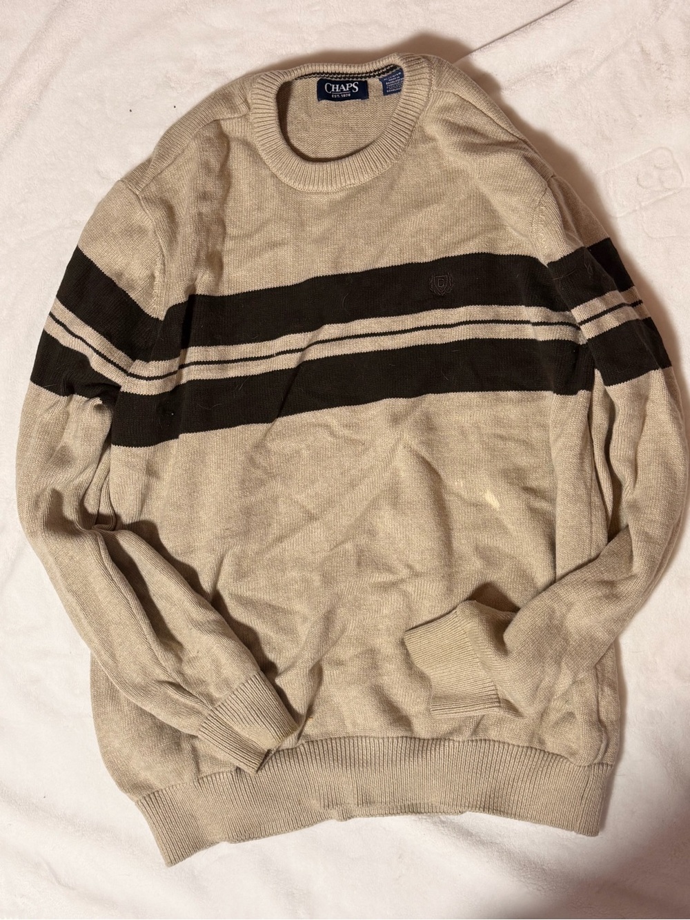 Chaps Beige Crewneck Sweater with Black Stripes
